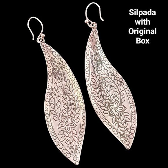 Silpada Sterling Stamped Etched Floral Freestyle Long Drop Earrings - Picture 1 of 8